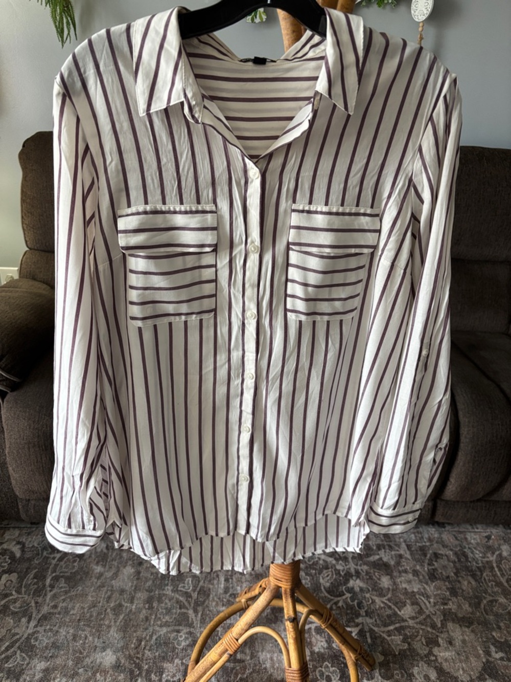 Express White and Burgundy Striped Button-Down Shirt